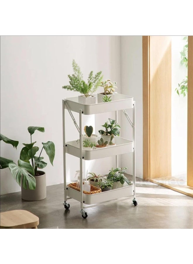 NAMA White 3 Tier Foldable Storage Trolley Cart | Foldable Rolling Carts | Trolley with Locking Wheels - Image 2